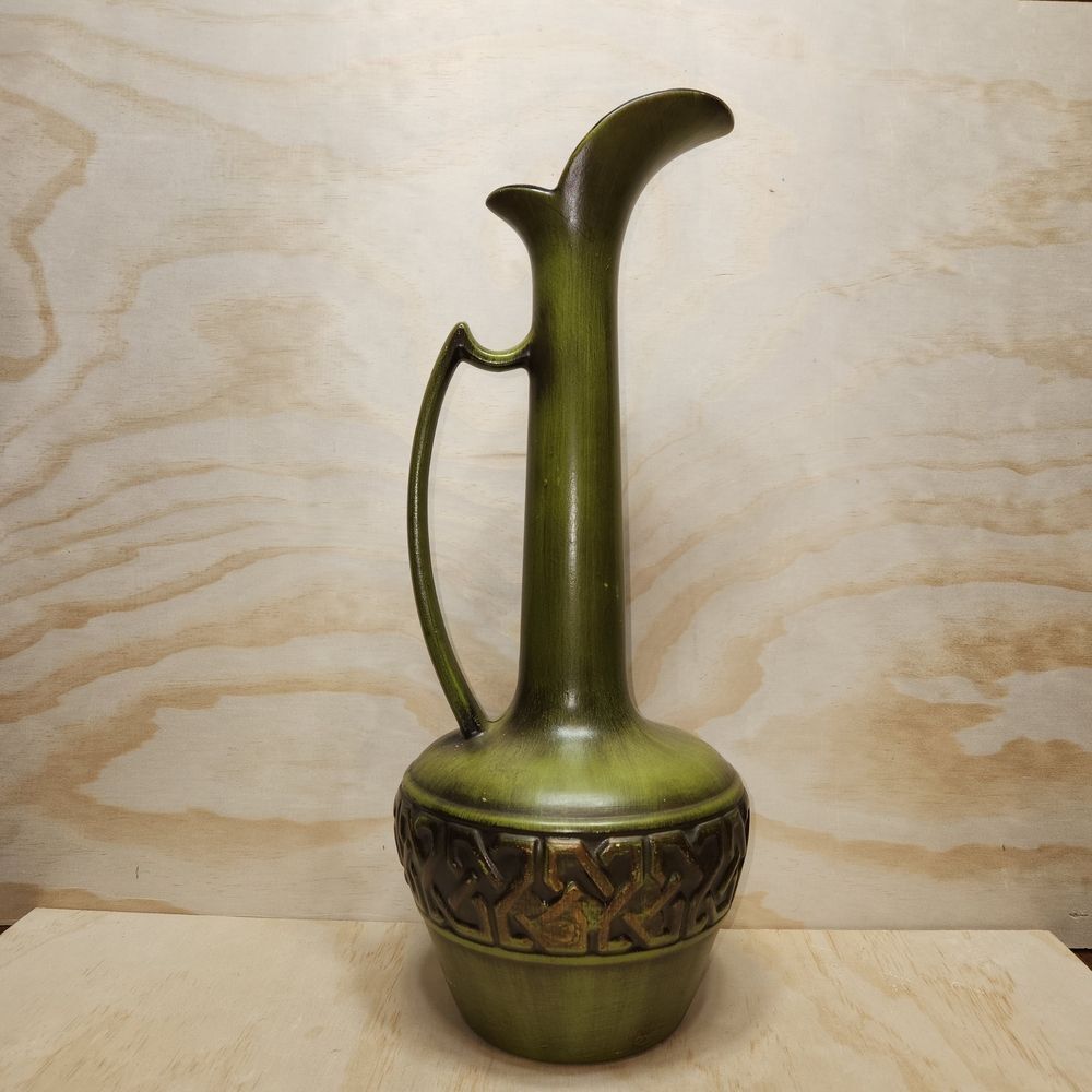 Vintage MCM Green Brown Bronze Ceramic Long Neck Pitcher Vase Pottery - Picture 3 of 11